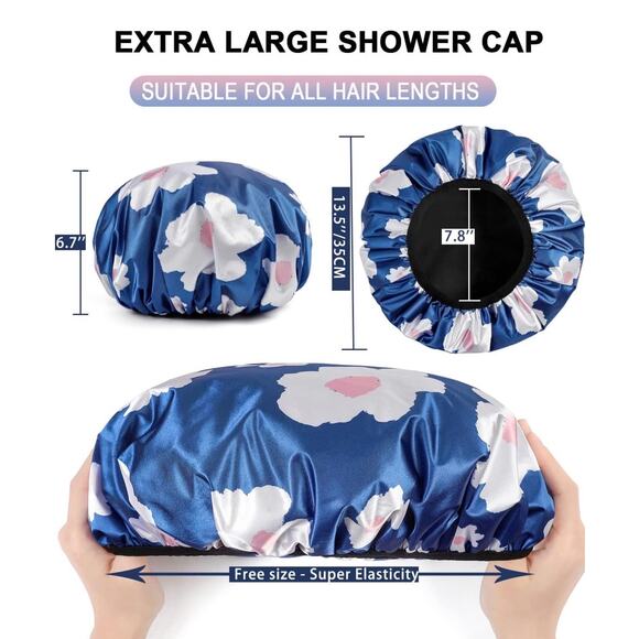 NWT Blue Floral Terry Lined Triple Layer Extra Large Reusable Shower Cap OS - Picture 7 of 7